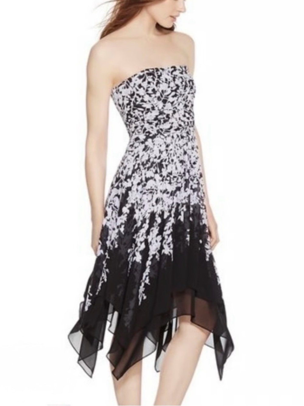 Black & White Floral Strapless Handkerchief-Hem Dress Fairycore Evening Party